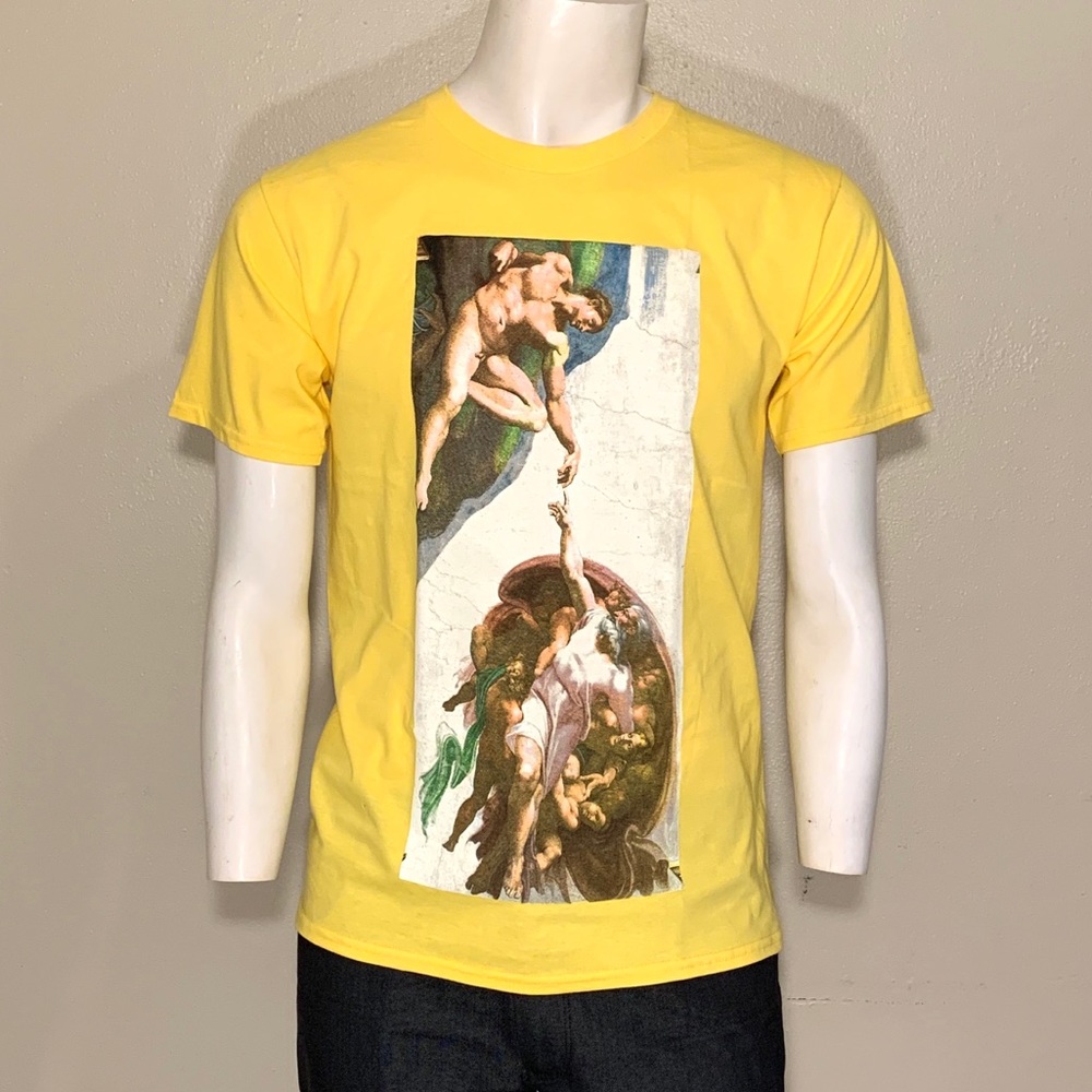 Michelangelo The Creation of Adam Yellow Graphic Tee Shirt Mens Medium NWOT